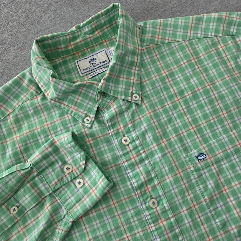 Southern Tide Mens Classic Fit Plaid Button Down Shirt Green Blue Large